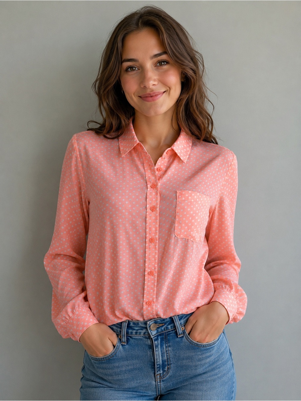 American Eagle Peach Coral Pink Button-Up Chiffon Blouse Size XL